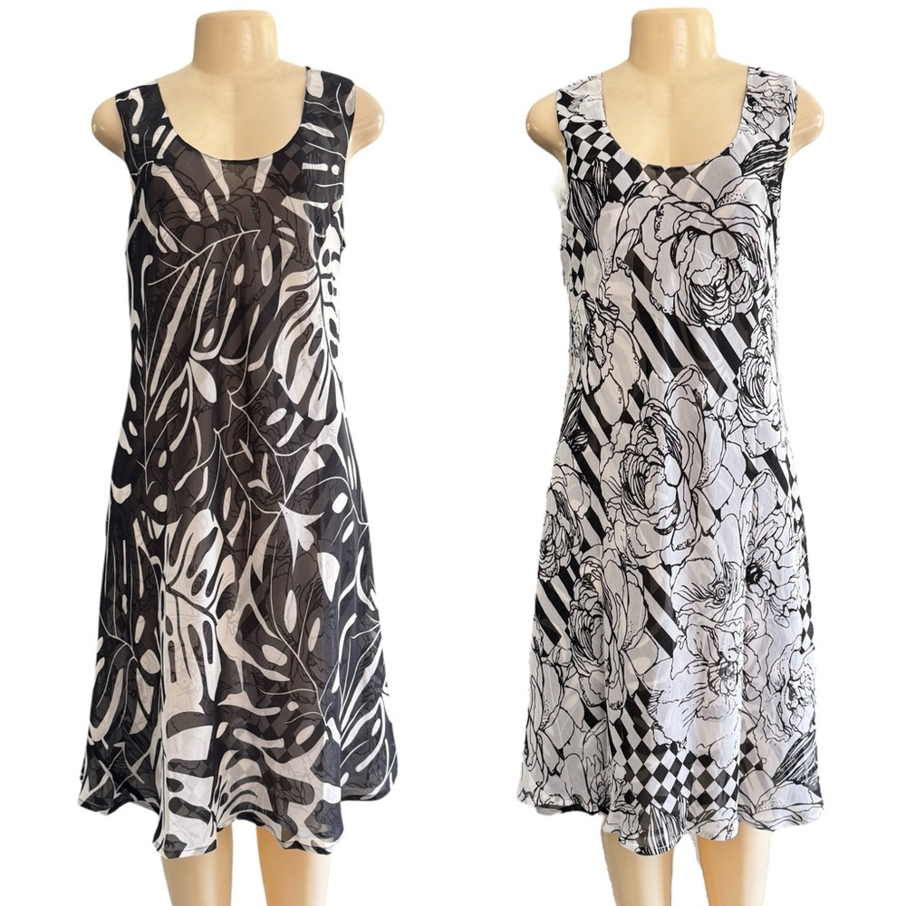 Tribal Reversible A-Line Midi‎ Dress Black White Tropical Print Cover Up Sheer L